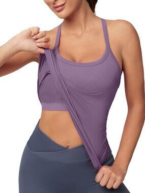 👑 Women's Grey Purple Sleeveless Gym Seamless Racerback Athletic Yoga Tank Tops
